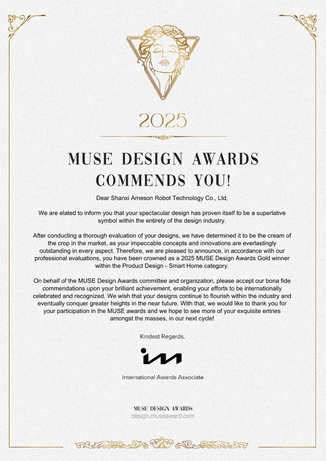 MUSE Gold Winner certificate